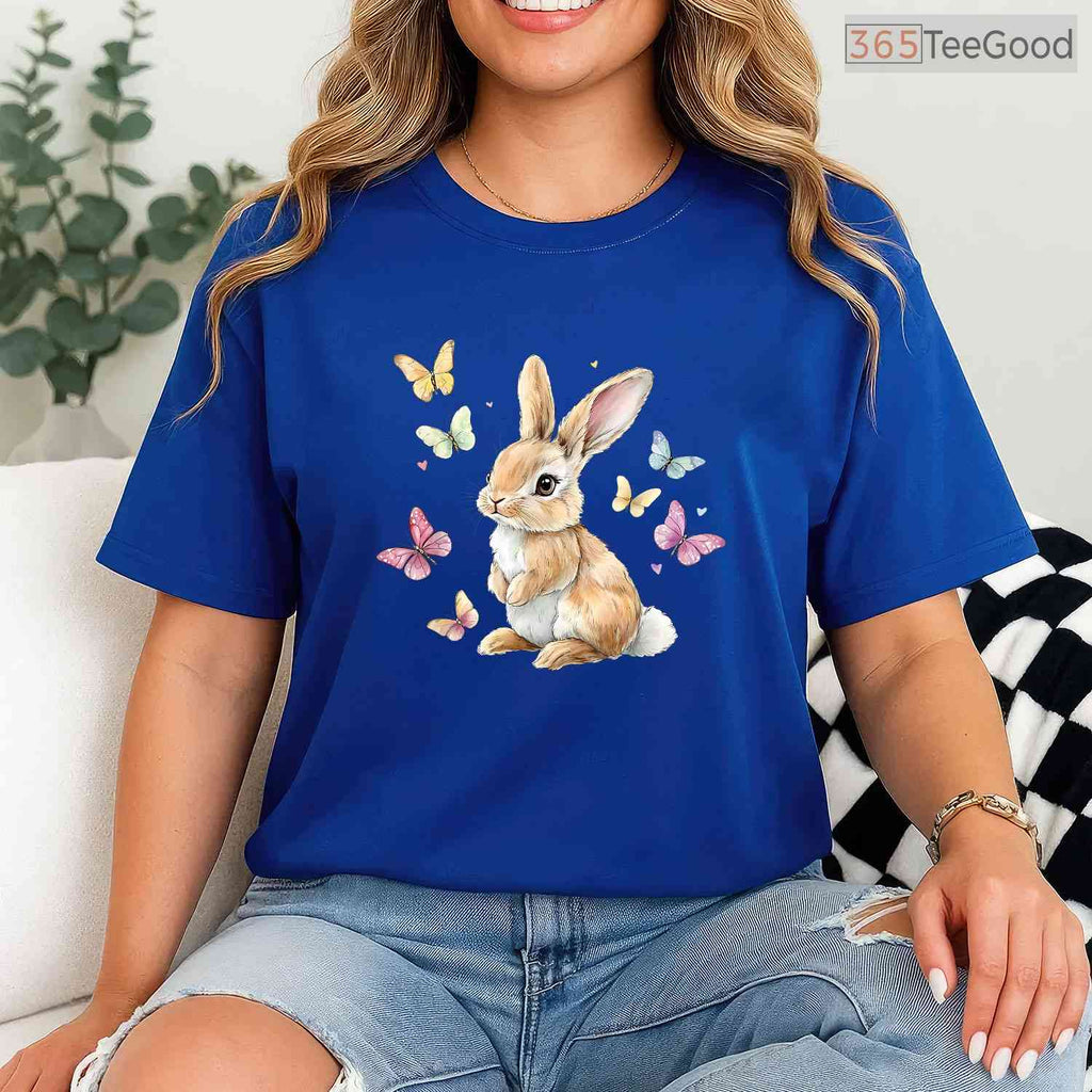 Cute Easter Bunny Rabbit Butterfly T-Shirt Happy Spring Animal Nature Lover Tee