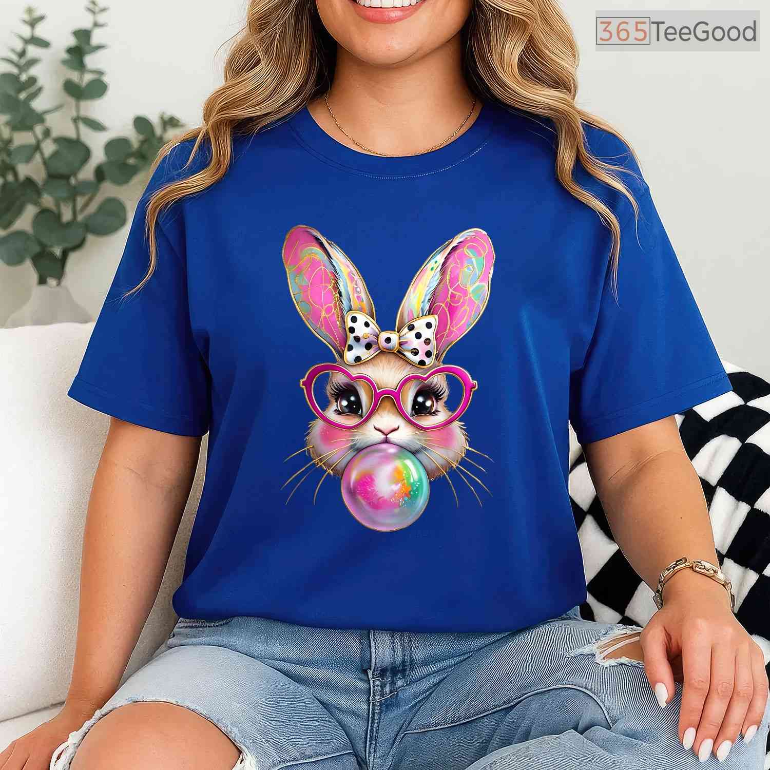Happy Easter Bunny Coquette Bow T-Shirt Cute Ribbon Brushstroke Girls Shirt