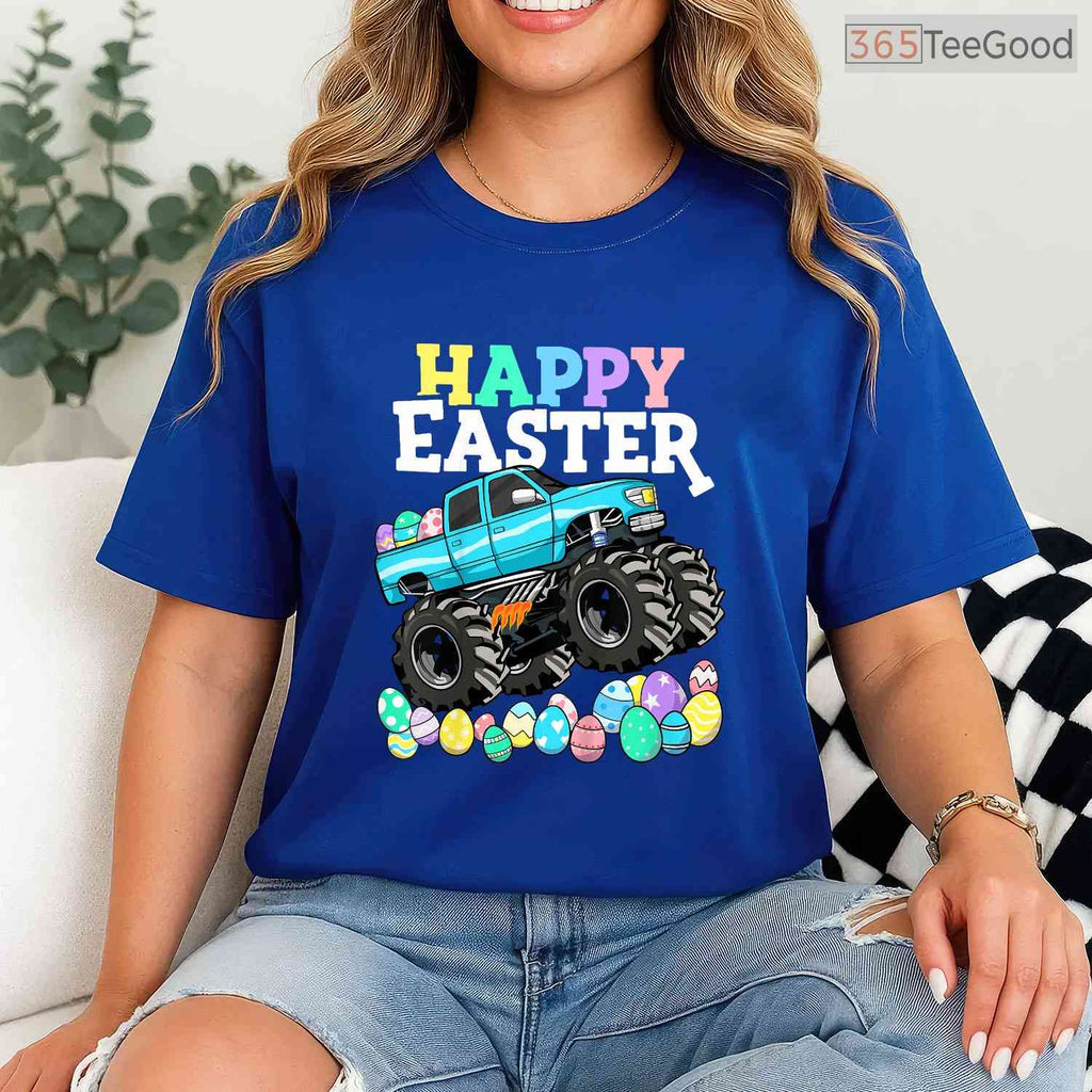 Boys Happy Easter Monster Truck T-Shirt Eggs Crusher Toddler Vehicle Shirt
