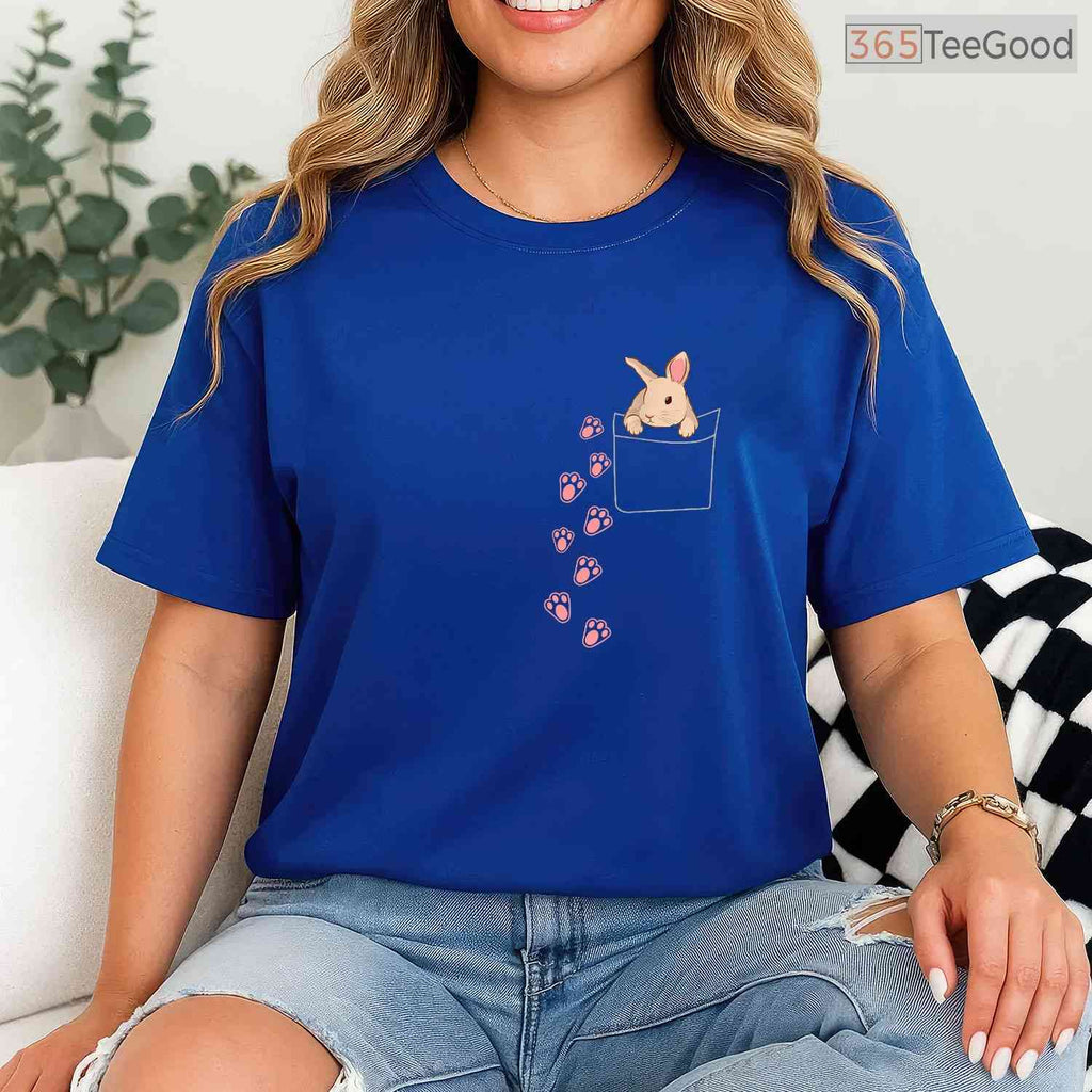 Easter Cute Bunny In Pocket T-Shirt Rabbit Footprints Faux Pocket Gift Shirt