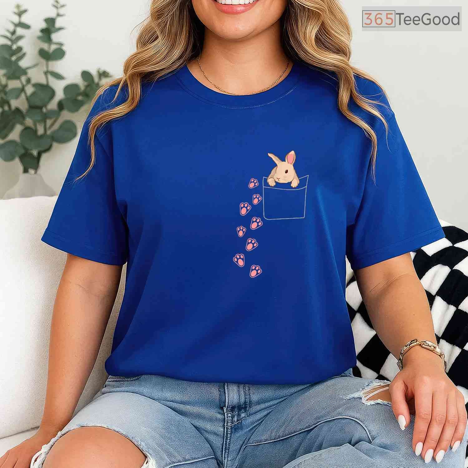 Easter Cute Bunny In Pocket T-Shirt Rabbit Footprints Faux Pocket Gift Shirt