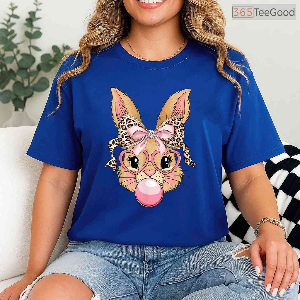 Cute Bunny Rabbit Face Leopard Glasses T-Shirt Girl Happy Easter Trendy Shirt