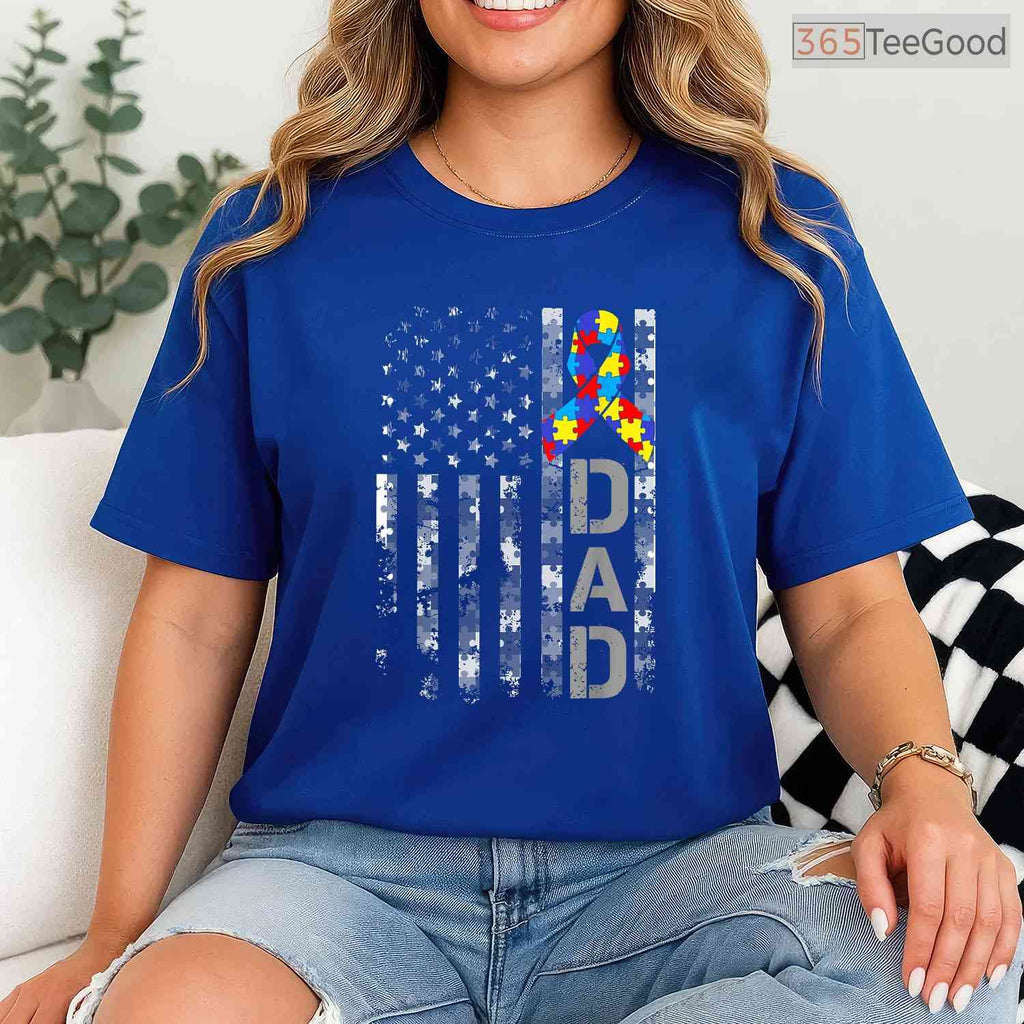 Autism Awareness Dad USA Flag Fathers Day Shirt April Support Men Gift T-Shirt