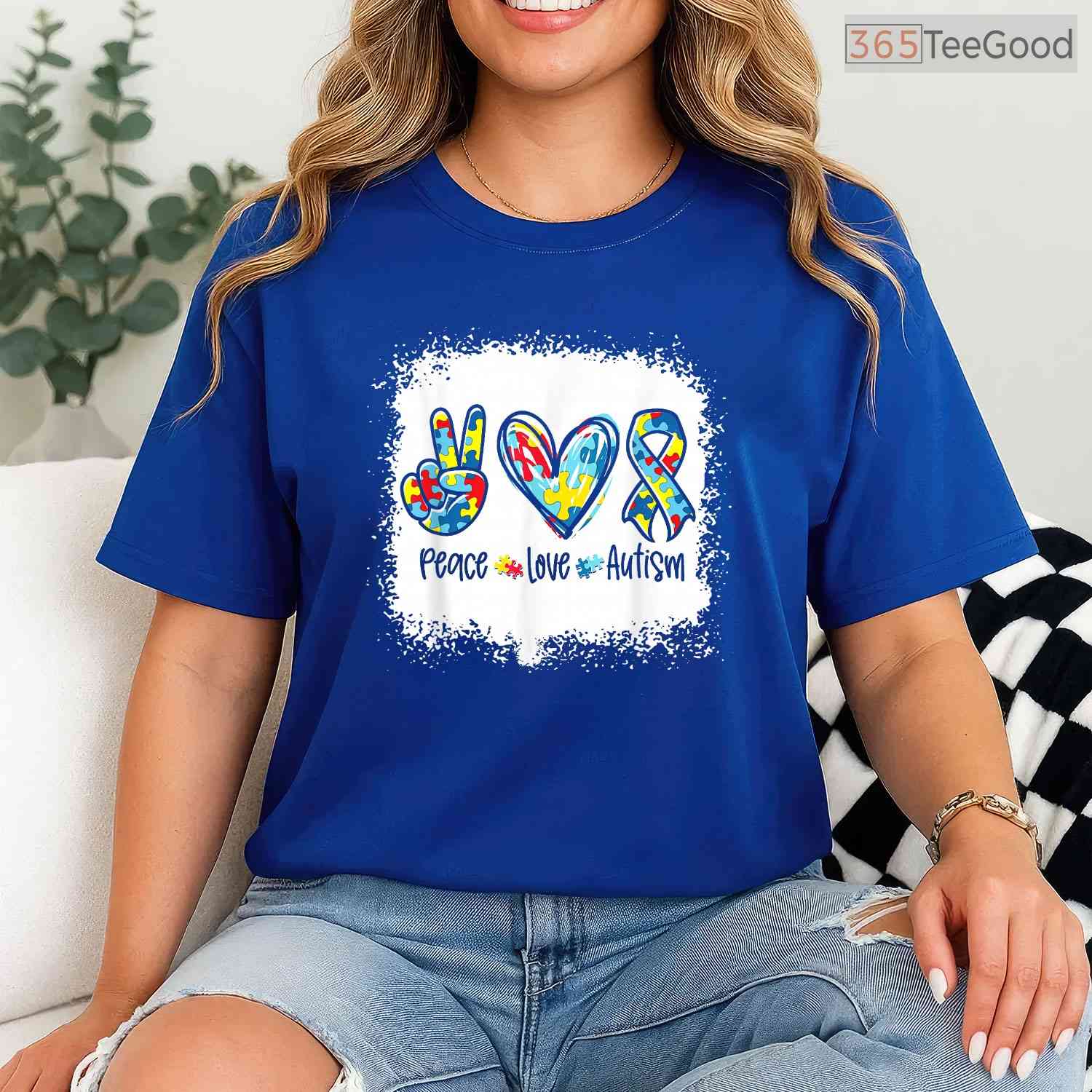 Peace Love Autism Puzzle Ribbon Bleached Shirt April Awareness Women T-Shirt