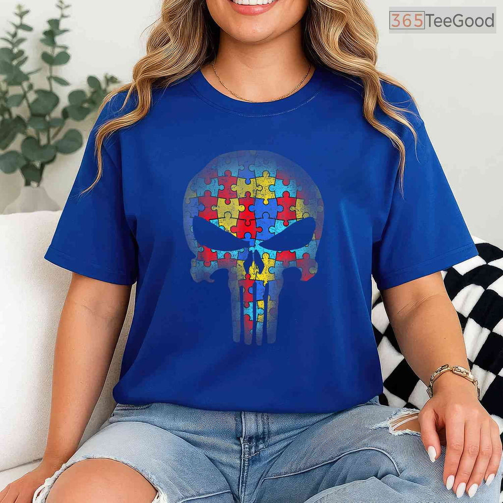 Skull Autism Awareness Puzzle Piece Mens Womens Shirt April Cool Edgy T-Shirt