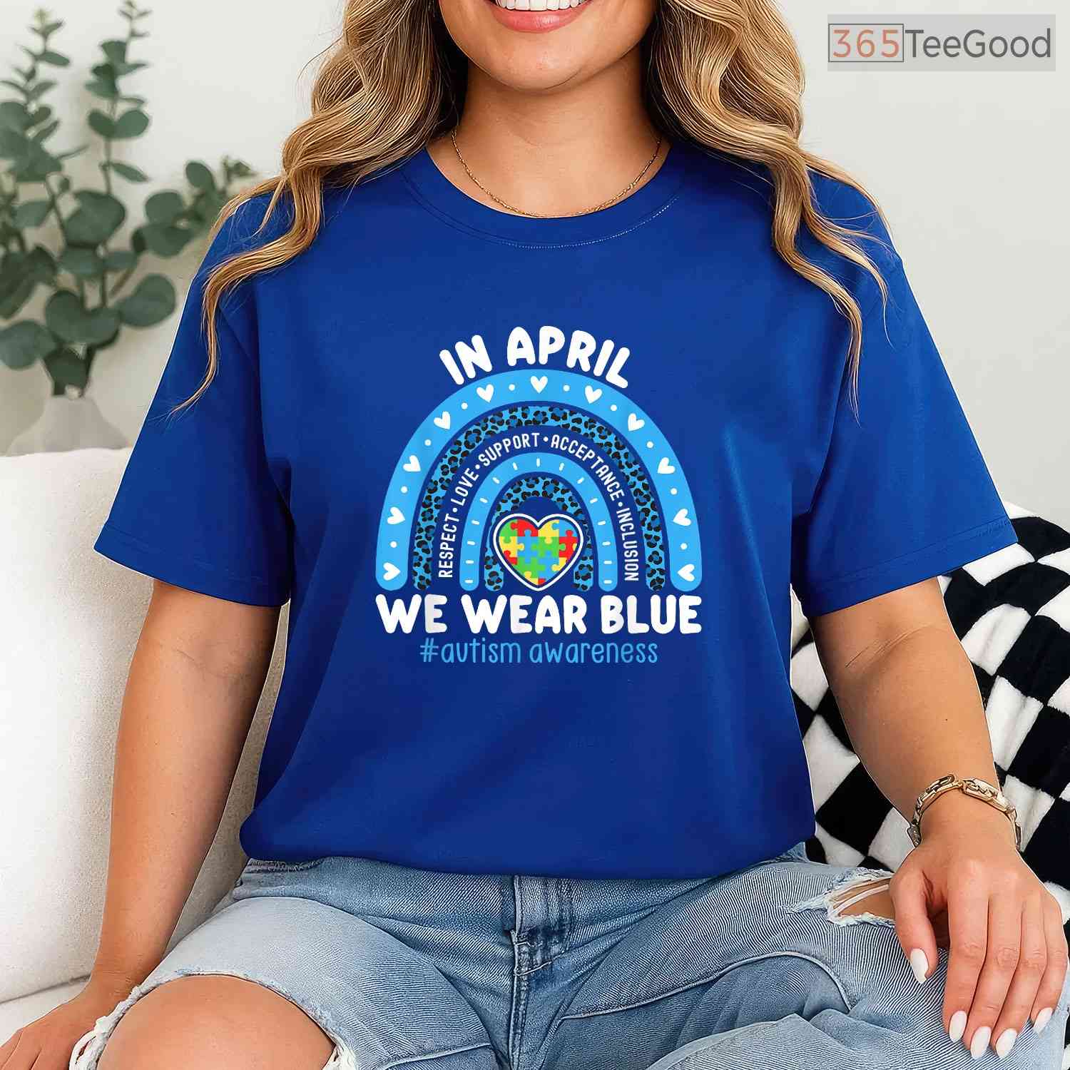 Rainbow-In April We Wear Blue Ribbon Autism Shirt Awareness Month Women T-Shirt