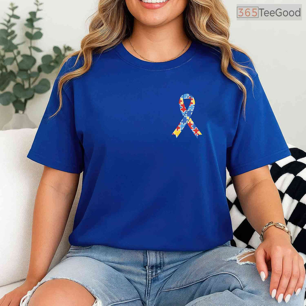 Autism Awareness Puzzle Ribbon Pocket Shirt April Month Support Men T-Shirt