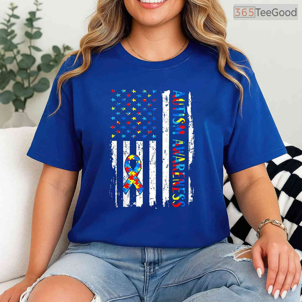Autism Awareness Mom Dad USA Flag Autistic Shirt April Patriot Support T-Shirt