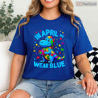 Autism Awareness In April We Wear Blue T Rex Dino Shirt Boys Kids T-Shirt