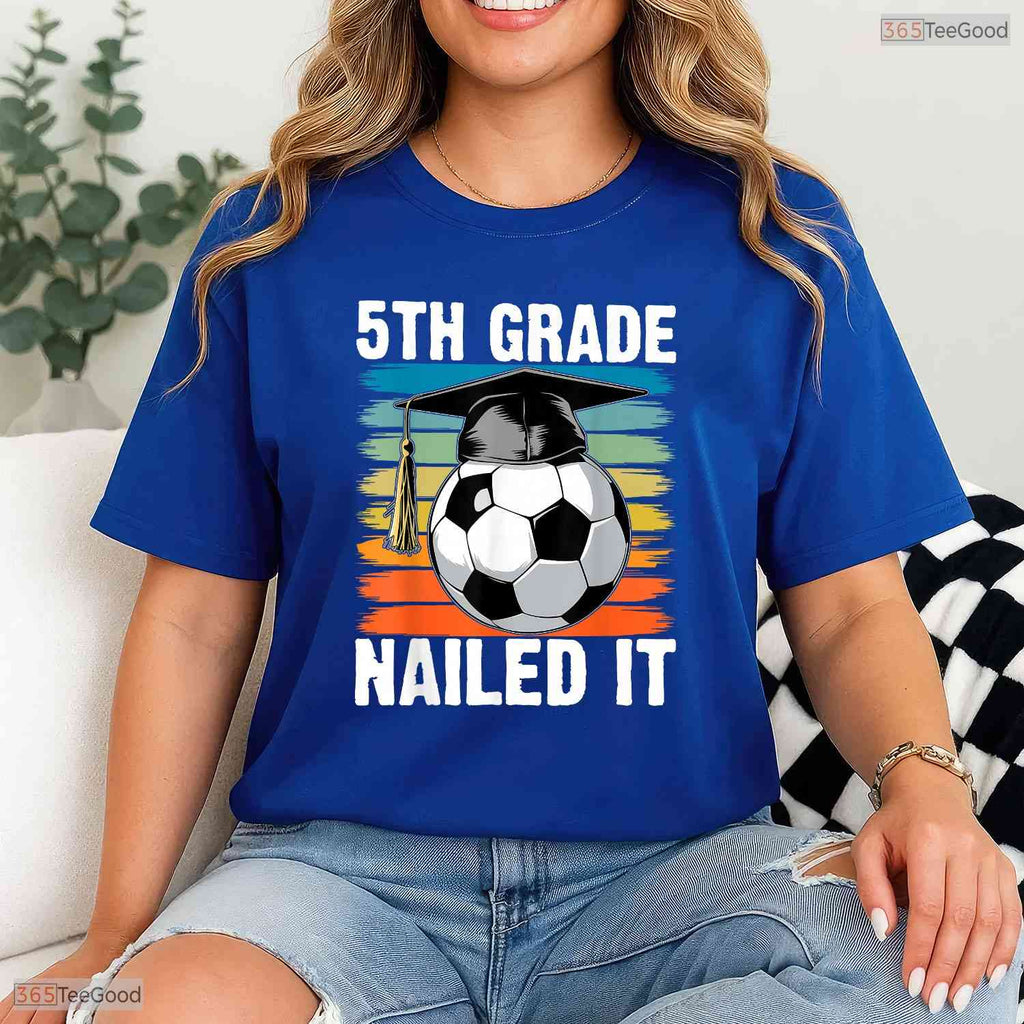 Retro 5th Grade Nailed It Soccer Ball Graduation Cap Boys Party T-Shirt