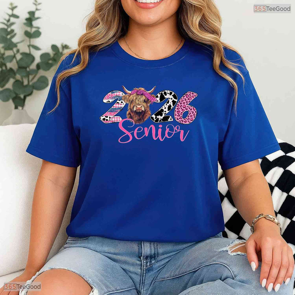 Trendy Class Of 2026 Senior Graduation Leopard Print Highland Cow Western Girls T-Shirt