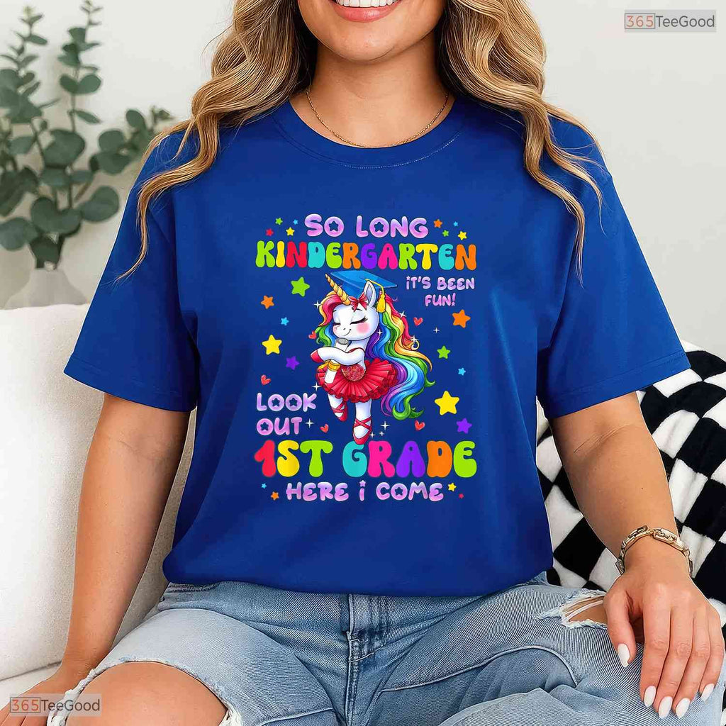 Cute Unicorn Kindergarten Graduation 2026 Hello First Grade Girls Ceremony T-Shirt