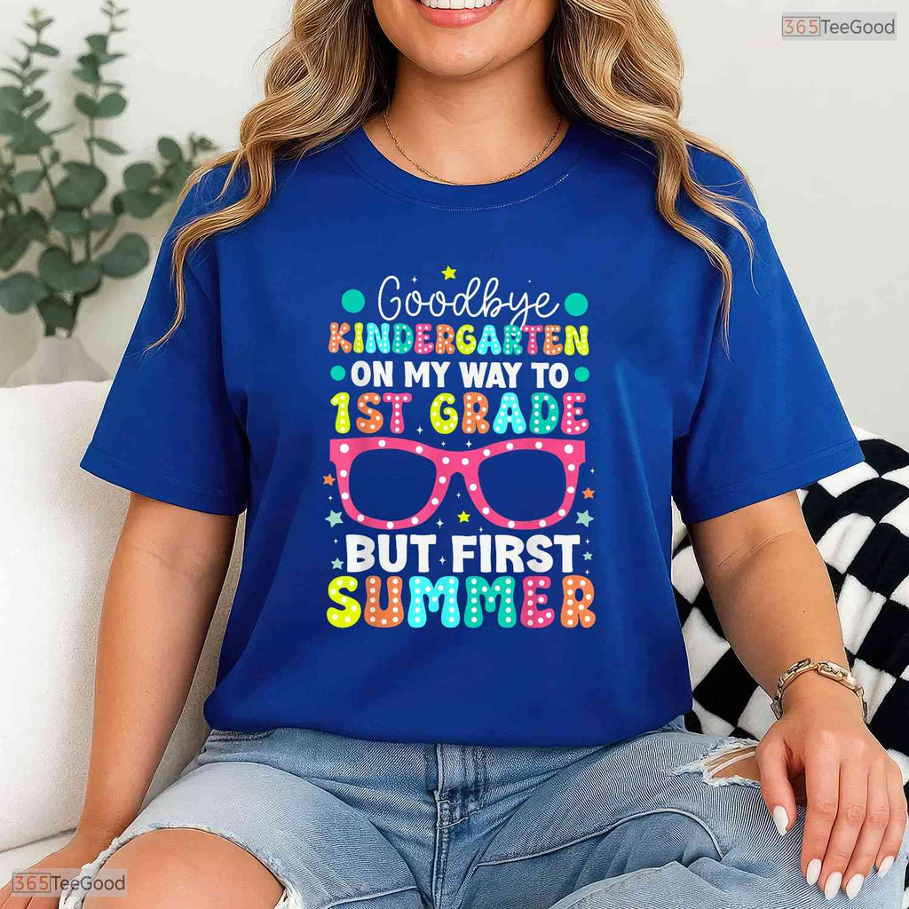 Goodbye Kindergarten Hello 1st Grade First Summer Break Kids Graduation T-Shirt