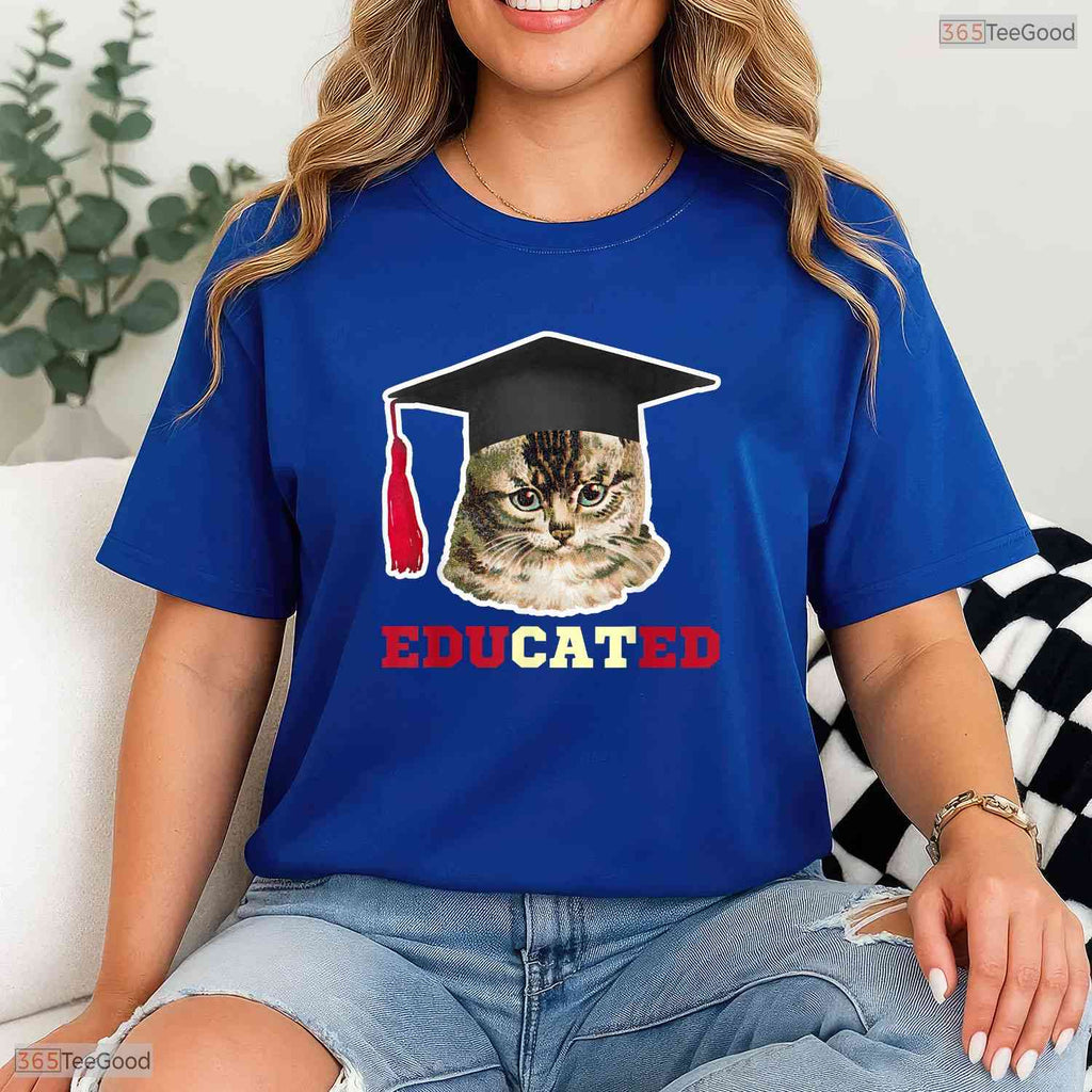 Educated Cat In Graduation Cap Funny High School College Graduate Gag T-Shirt