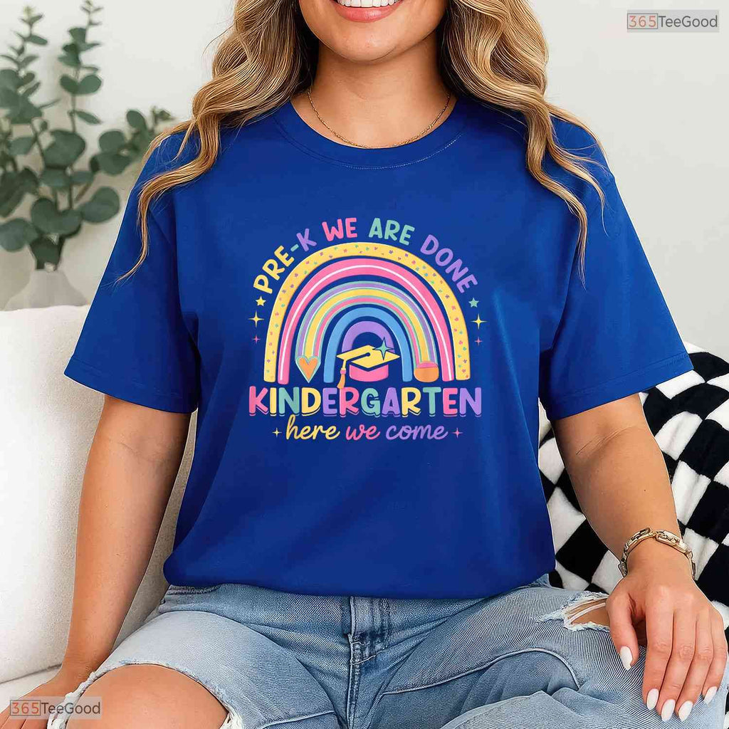 Last Day Pre-K Done Kindergarten Here We Come Cute Moving Up Graduation Kids T-Shirt