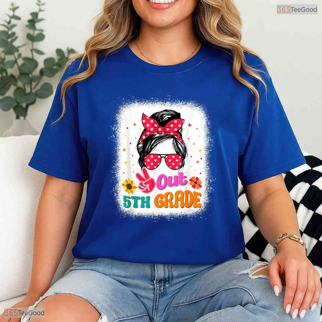 Peace Out 5th Grade Messy Bun Girl Elementary School Moving Up Graduation T-Shirt