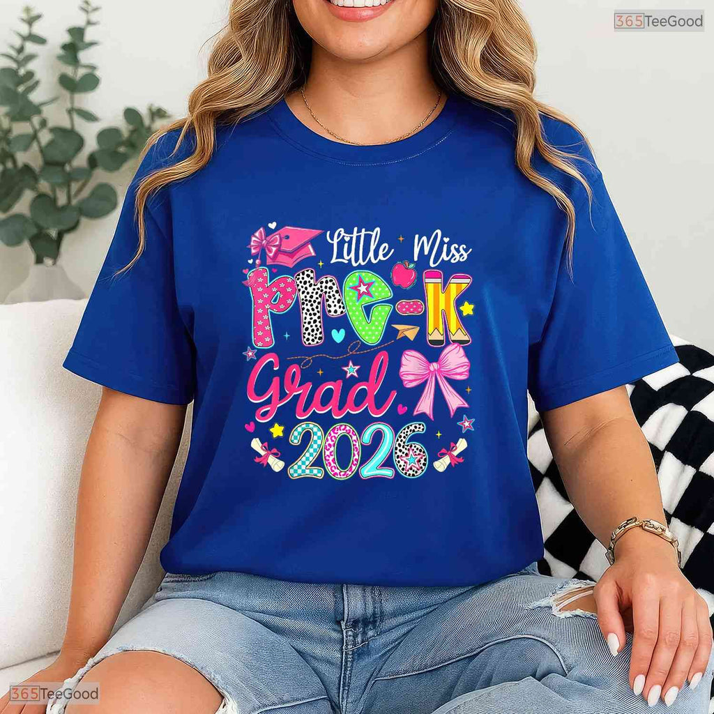Cute Little Miss Pre-K Grad 2026 Preschool Graduation Ribbon Bow Girls Party T-Shirt