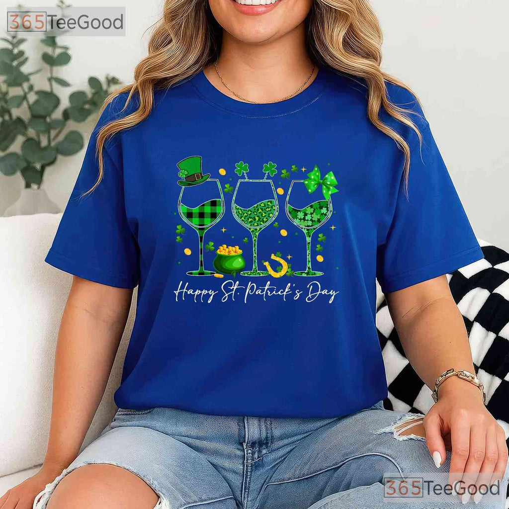 Leopard Shamrock Wine Glasses St Patricks Day T-Shirt Funny Drinking