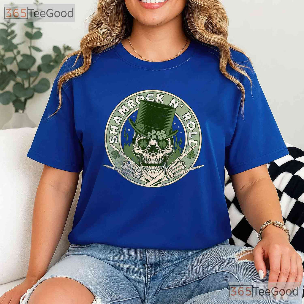 Shamrock And Roll Skull Rocker St Patricks Day T-Shirt Edgy Music Lover Tee