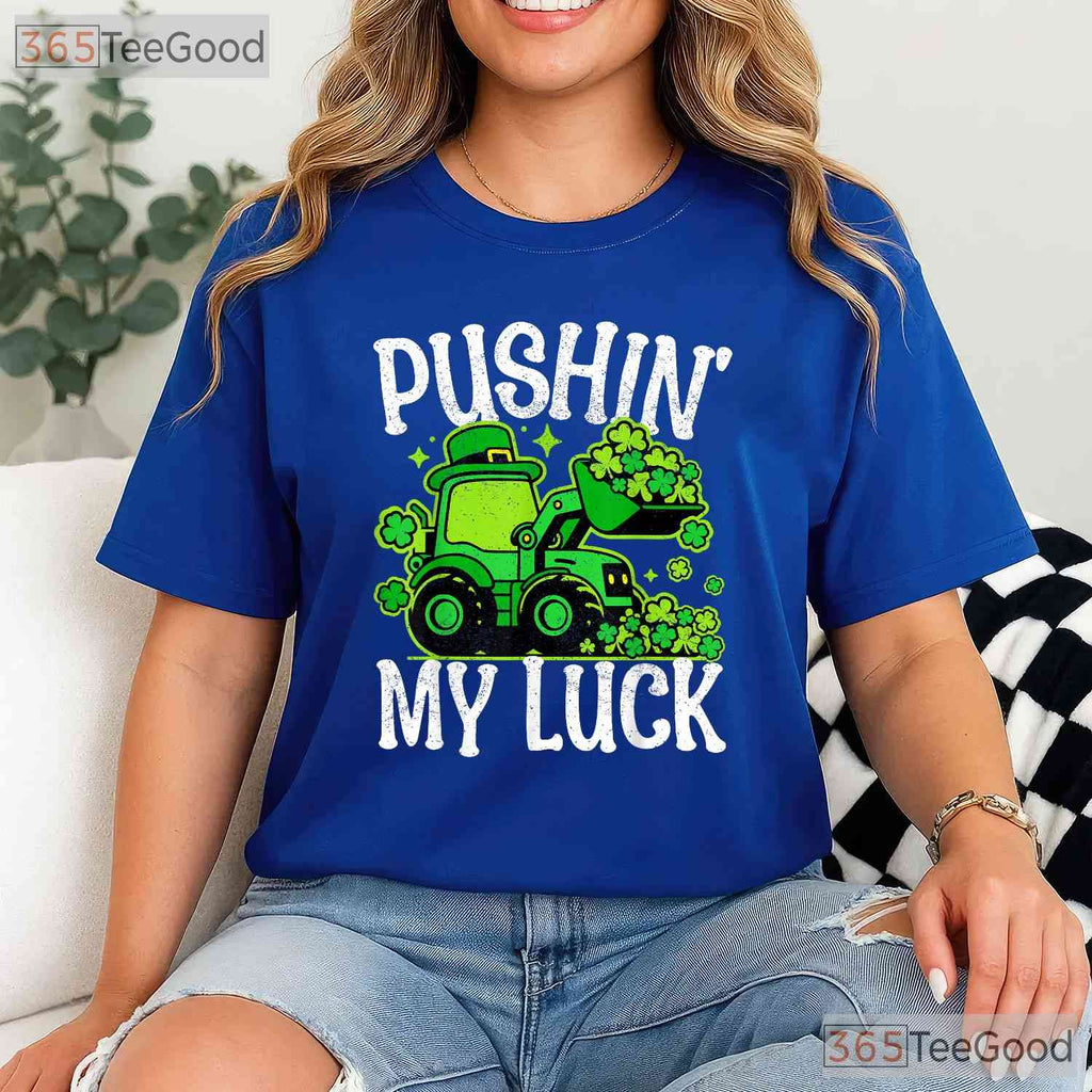 Pushing My Luck Tractor St Patricks Day T-Shirt Funny Farm Boys Toddler Tee