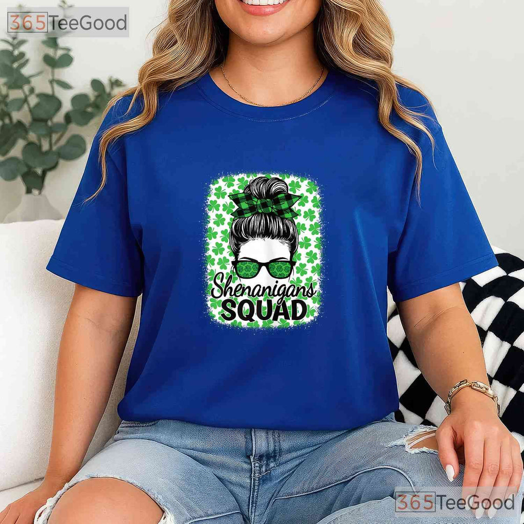 Shenanigans Squad Messy Bun St Patricks Day T-Shirt Women Girls Group Tee