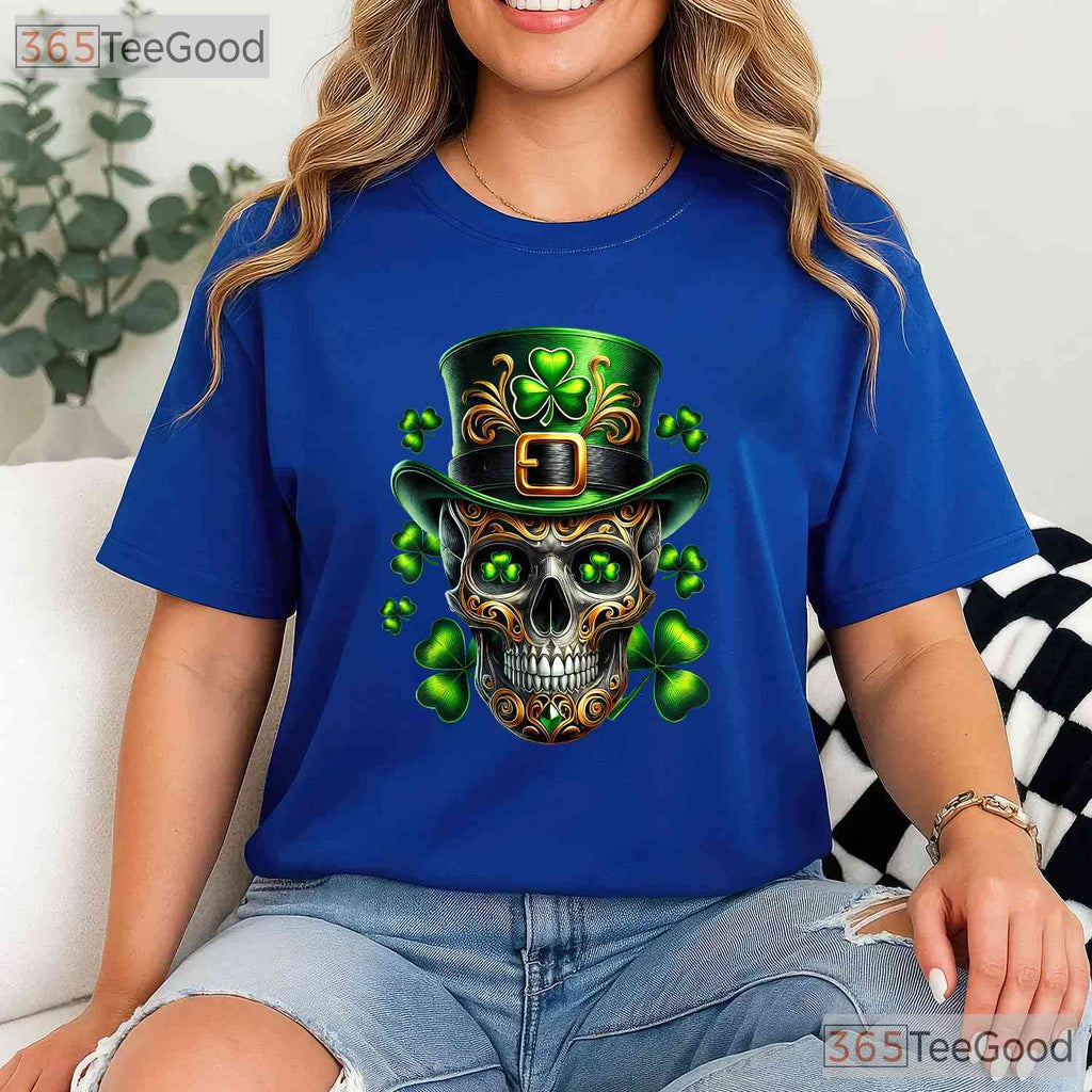 Irish Skull Shamrock Leprechaun St Patricks Day T-Shirt Edgy Men Biker Tee