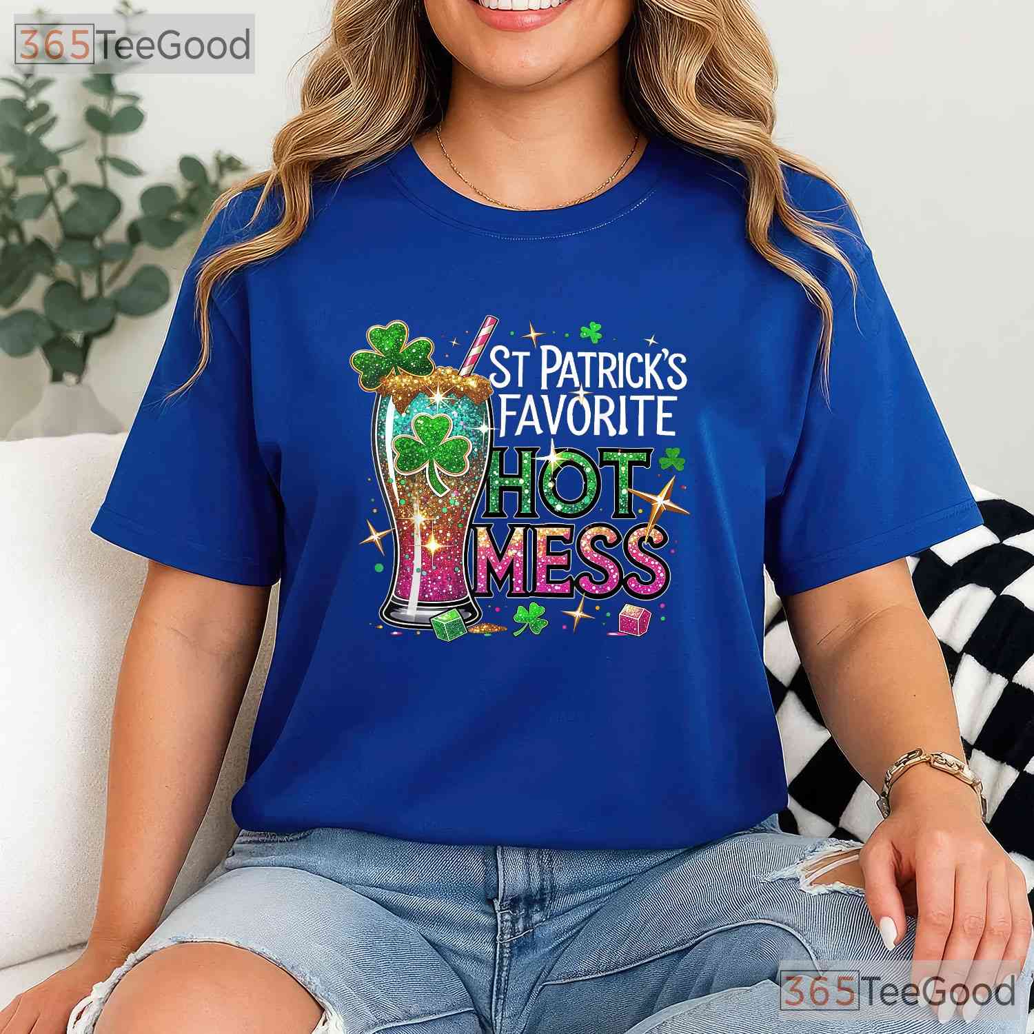 St Patricks Favorite Hot Mess T-Shirt Funny Drinking Green Beer Women Tee