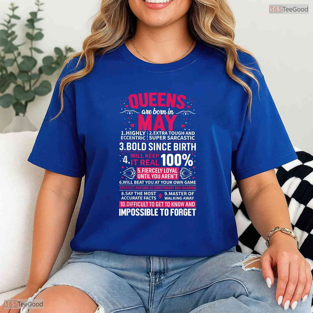 Queens Are Born In May T-Shirt- Elegant Women's May Birthday Party Shirt Gift