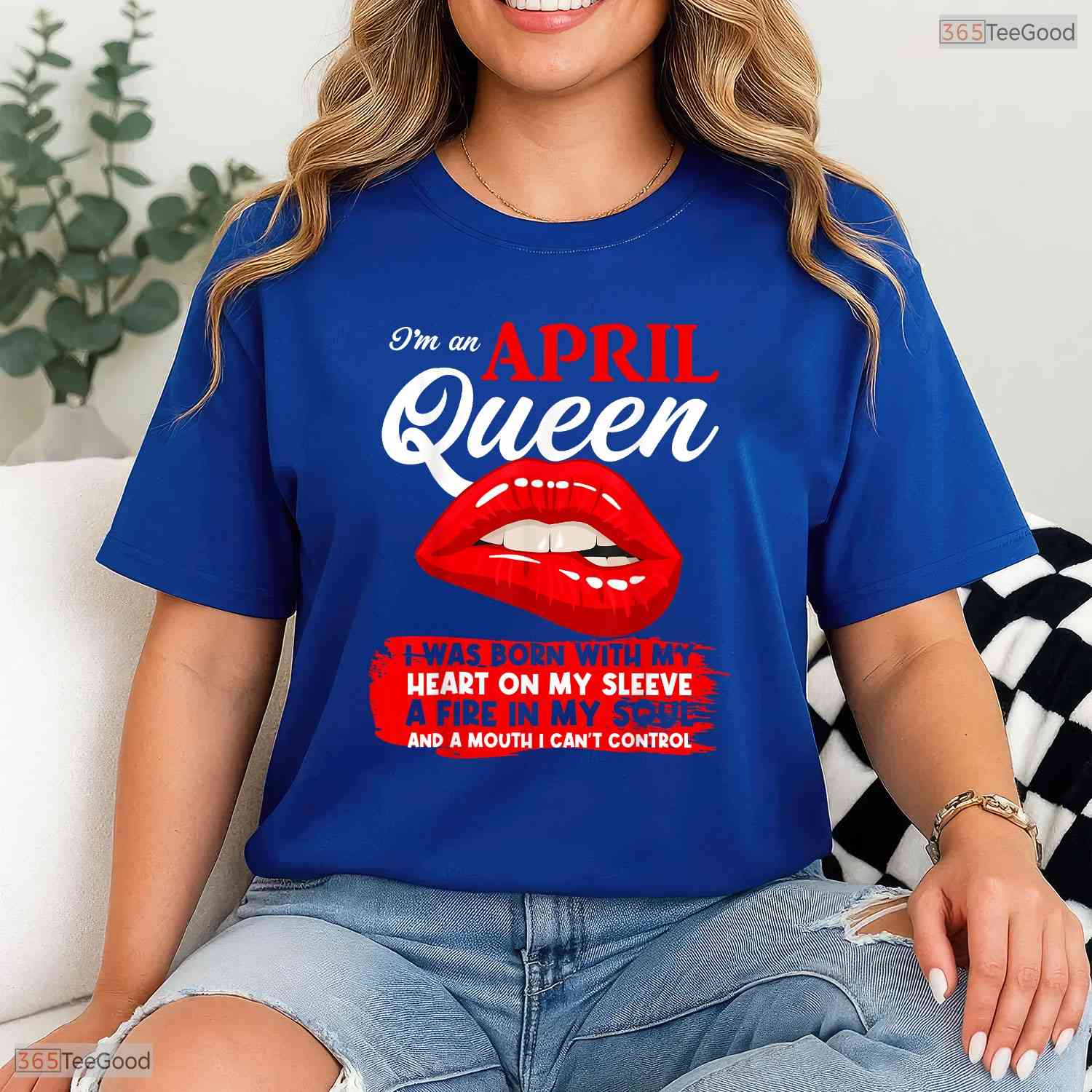 Fierce Queen Born In April Birthday T-Shirt Funny Biting Lips Graphic For Her