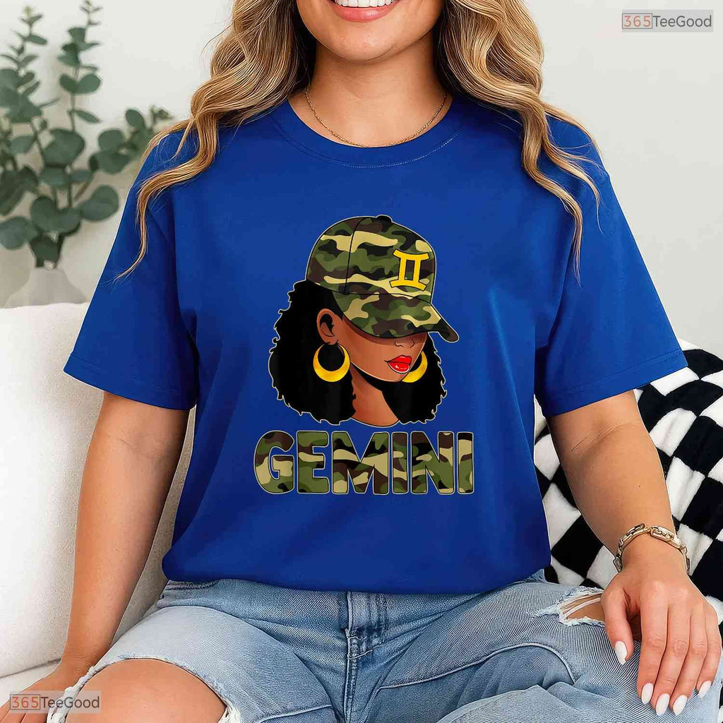 Black Gemini Queen Camouflage Zodiac Sign Born In May Birthday T-Shirt Gift
