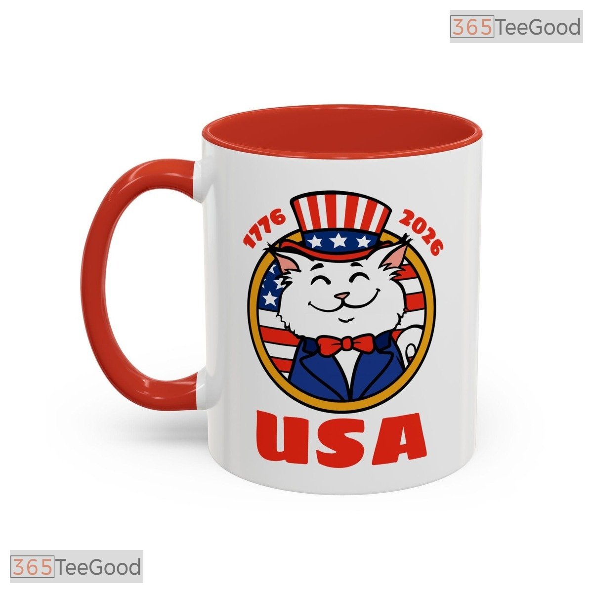 USA 250th Anniversary Patriotic White Cat Ceramic Accent Mug For American Cat Lovers