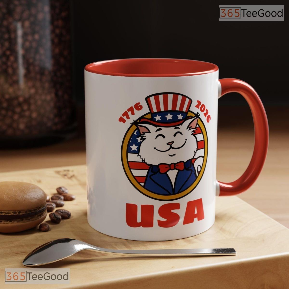 USA 250th Anniversary Patriotic White Cat Ceramic Accent Mug For American Cat Lovers