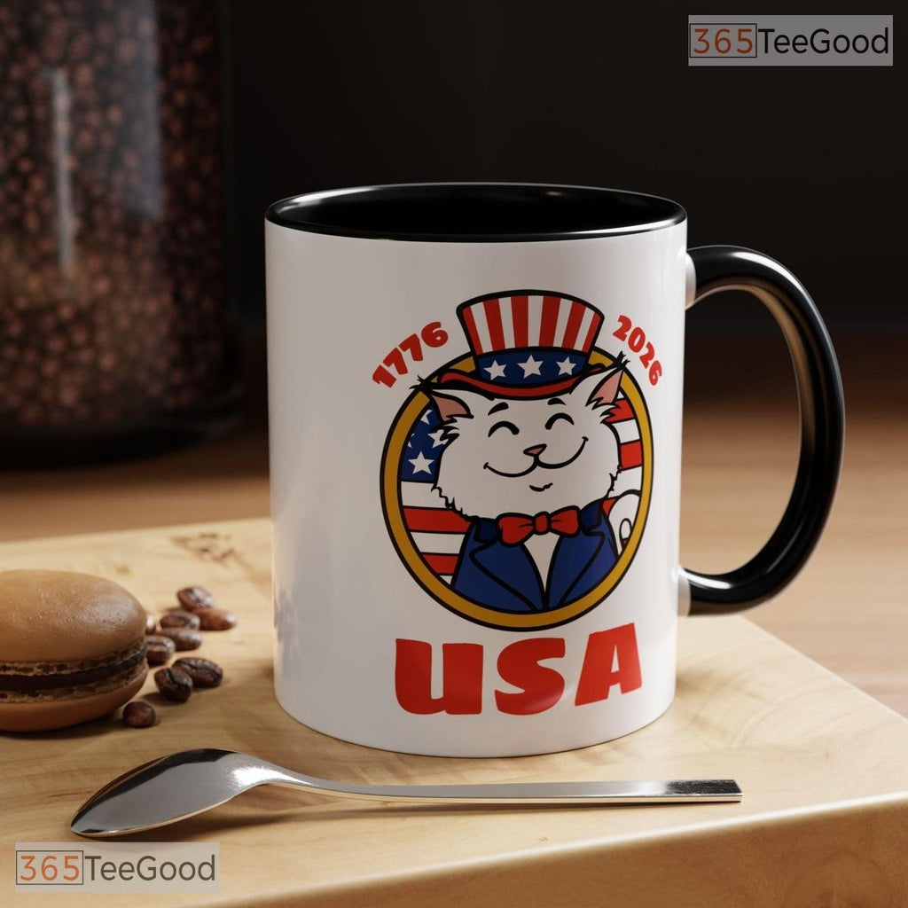 USA 250th Anniversary Patriotic White Cat Ceramic Accent Mug For American Cat Lovers