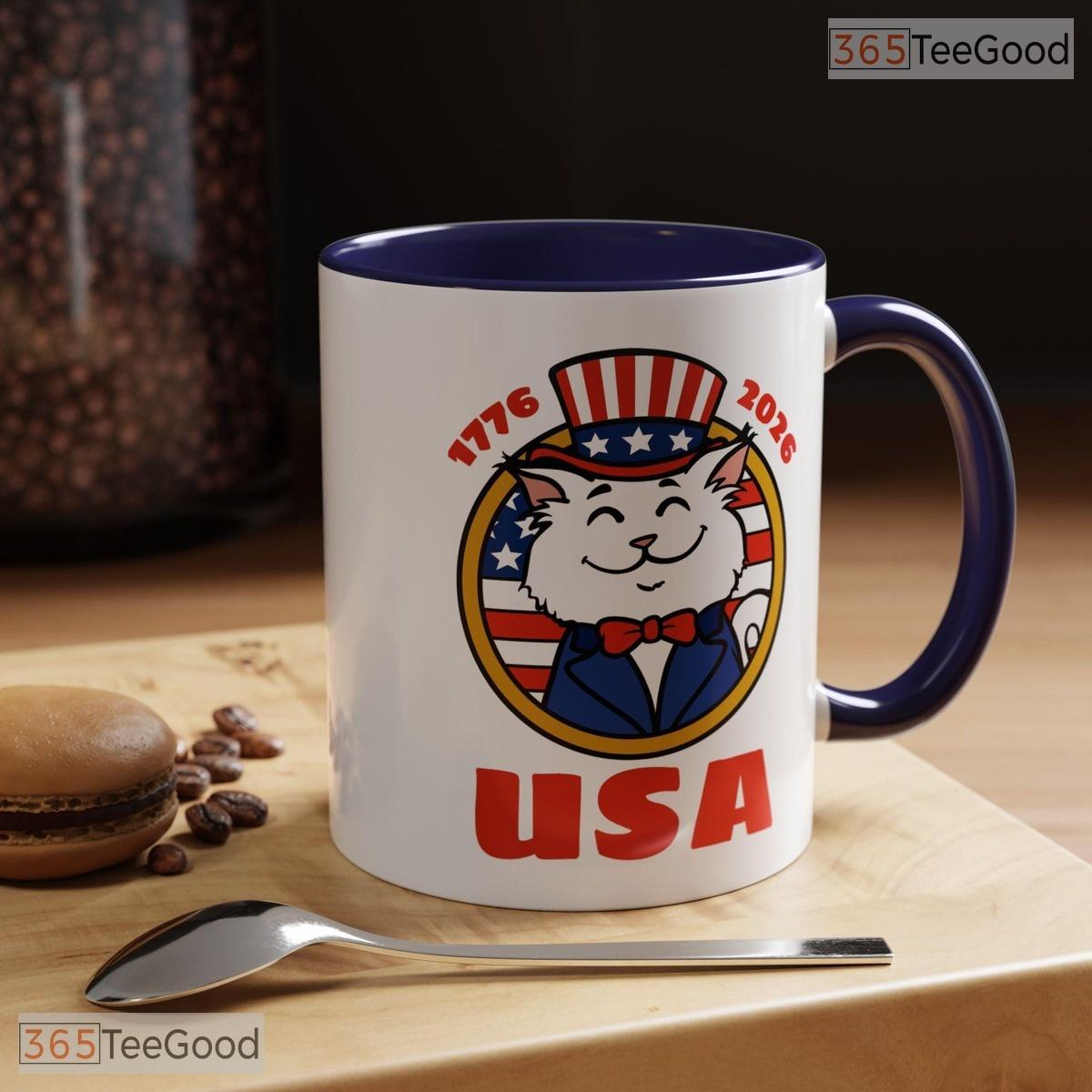 USA 250th Anniversary Patriotic White Cat Ceramic Accent Mug For American Cat Lovers