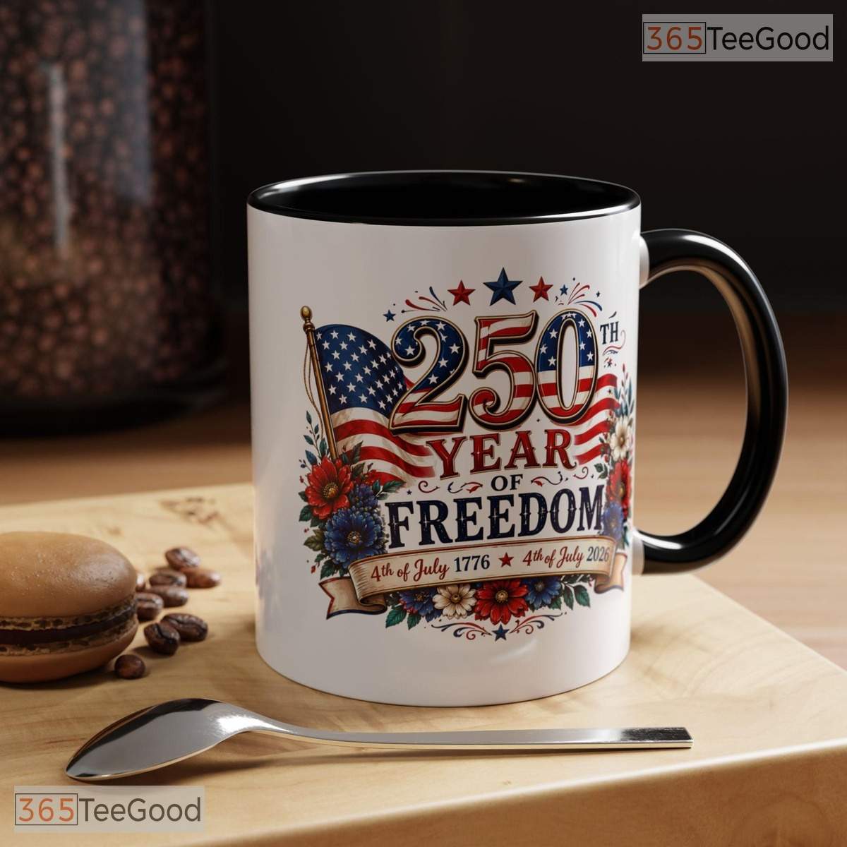 250 Year Of Freedom 4th July American Flag Floral Two Tone Premium Ceramic Accent Mug