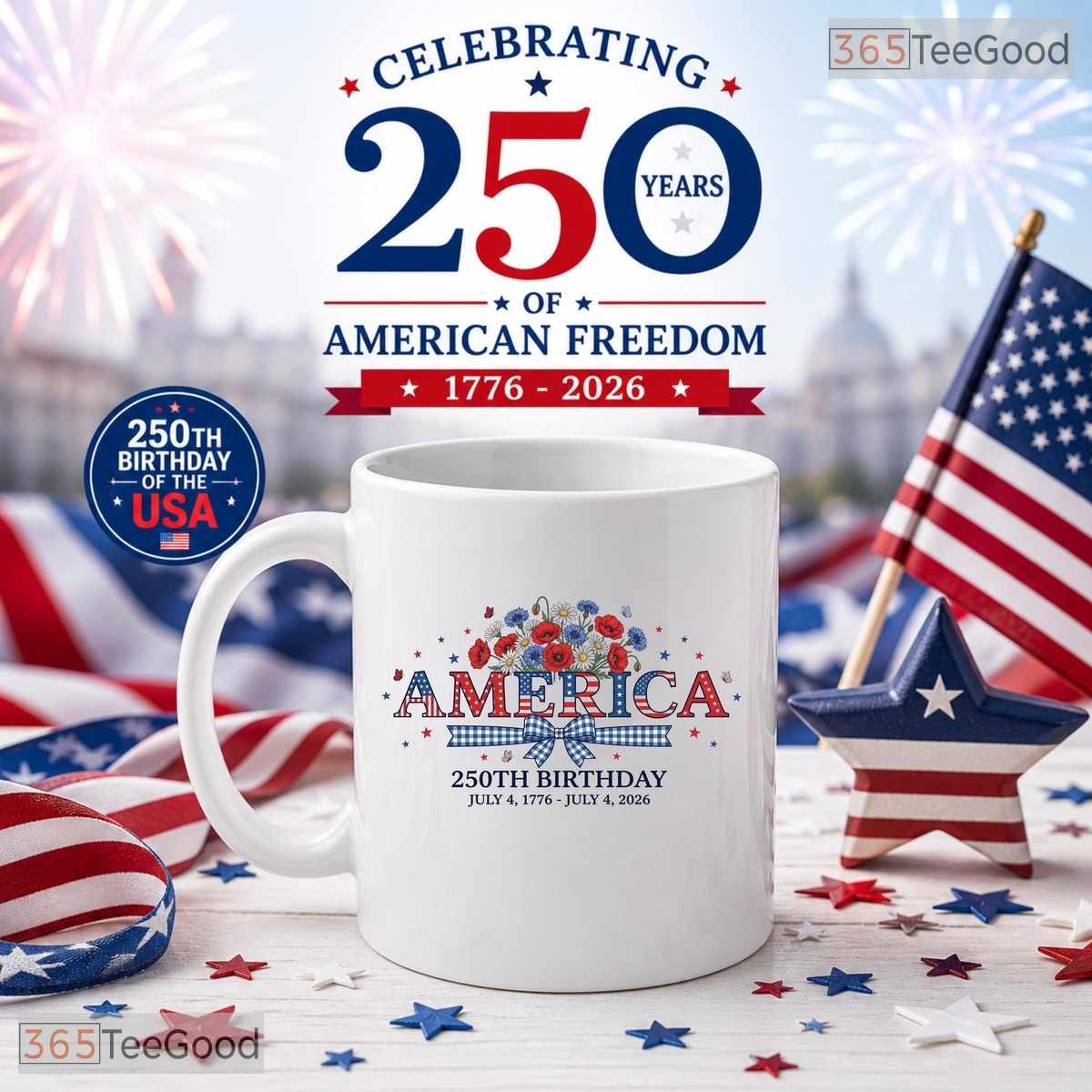 4th Of July Patriotic America 250th Birthday Red White Blue Ceramic Accent Coffee Mug