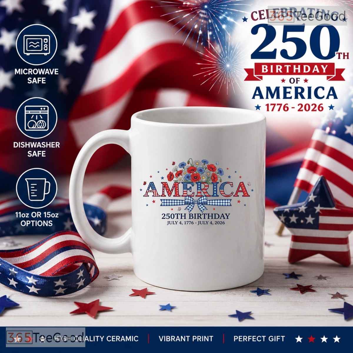 4th Of July Patriotic America 250th Birthday Red White Blue Ceramic Accent Coffee Mug
