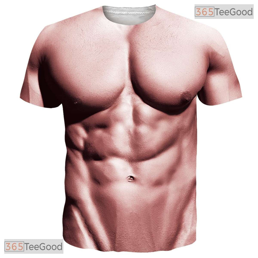 Beige Fake Abs Muscle Chest Funny 3D Graphic Printed Casual Unisex Tee Shirt