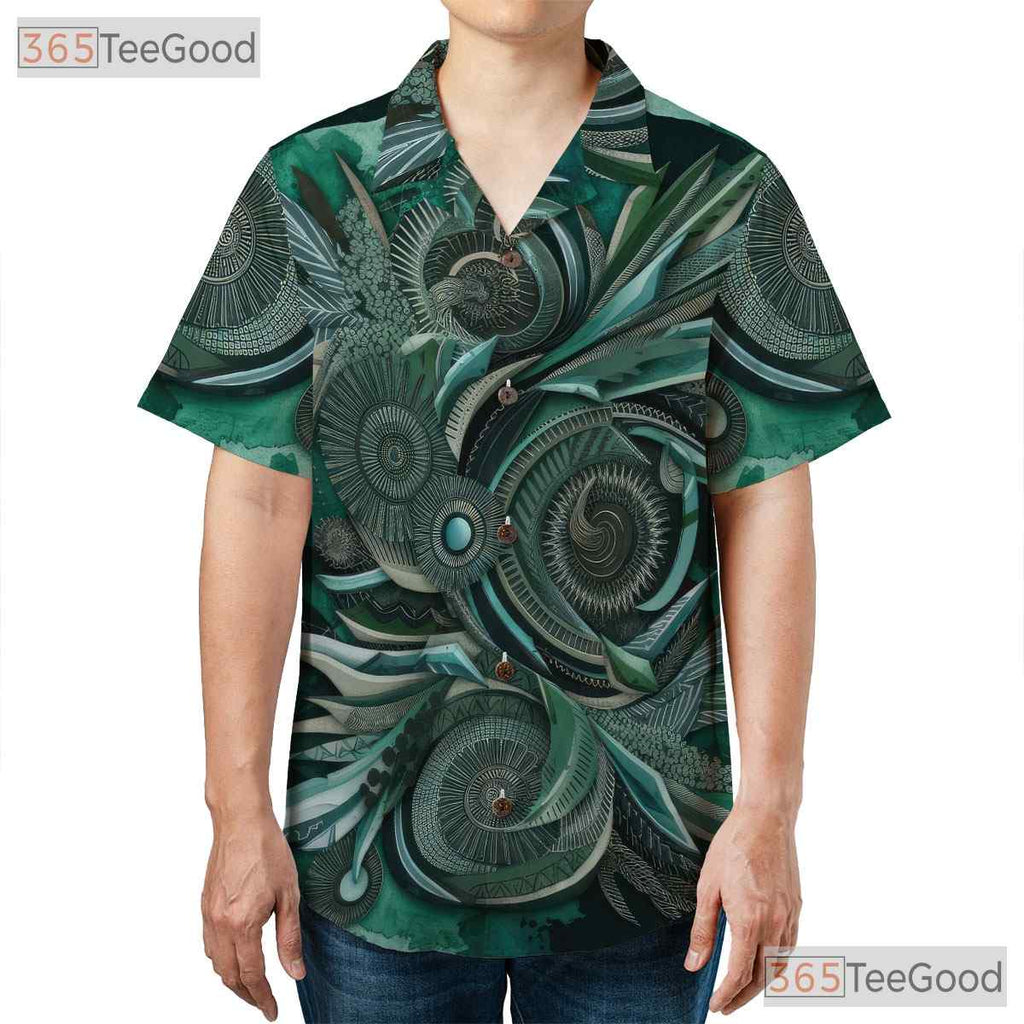 Abstract Ethnic Tribal Batik Green Aloha Hawaiian Tee Unisex Summer Beach Top