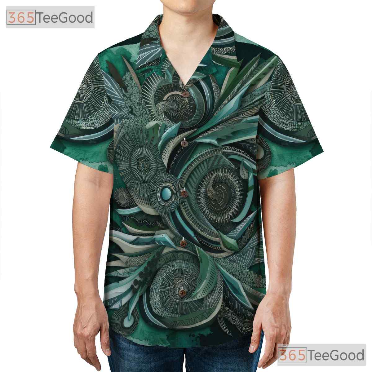 Abstract Ethnic Tribal Batik Green Aloha Hawaiian Tee Unisex Summer Beach Top