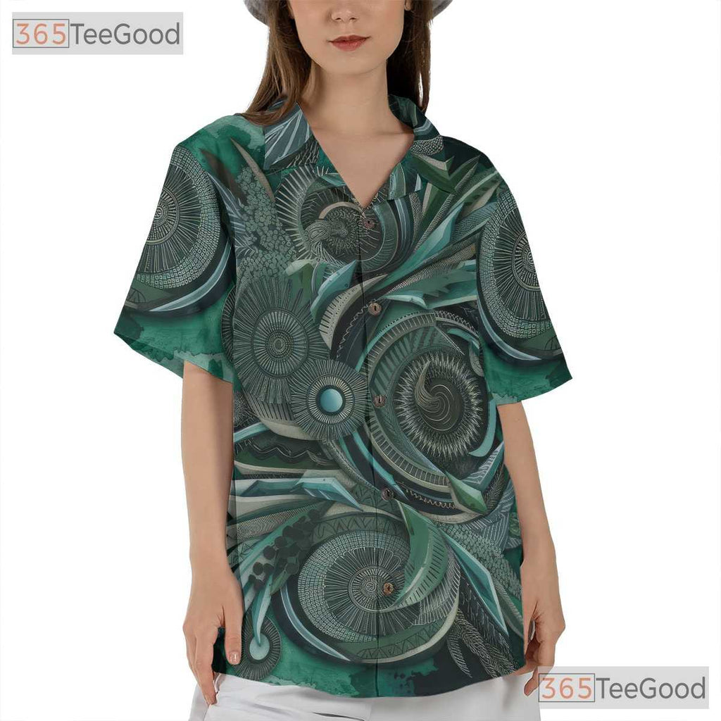 Abstract Ethnic Tribal Batik Green Aloha Hawaiian Tee Unisex Summer Beach Top