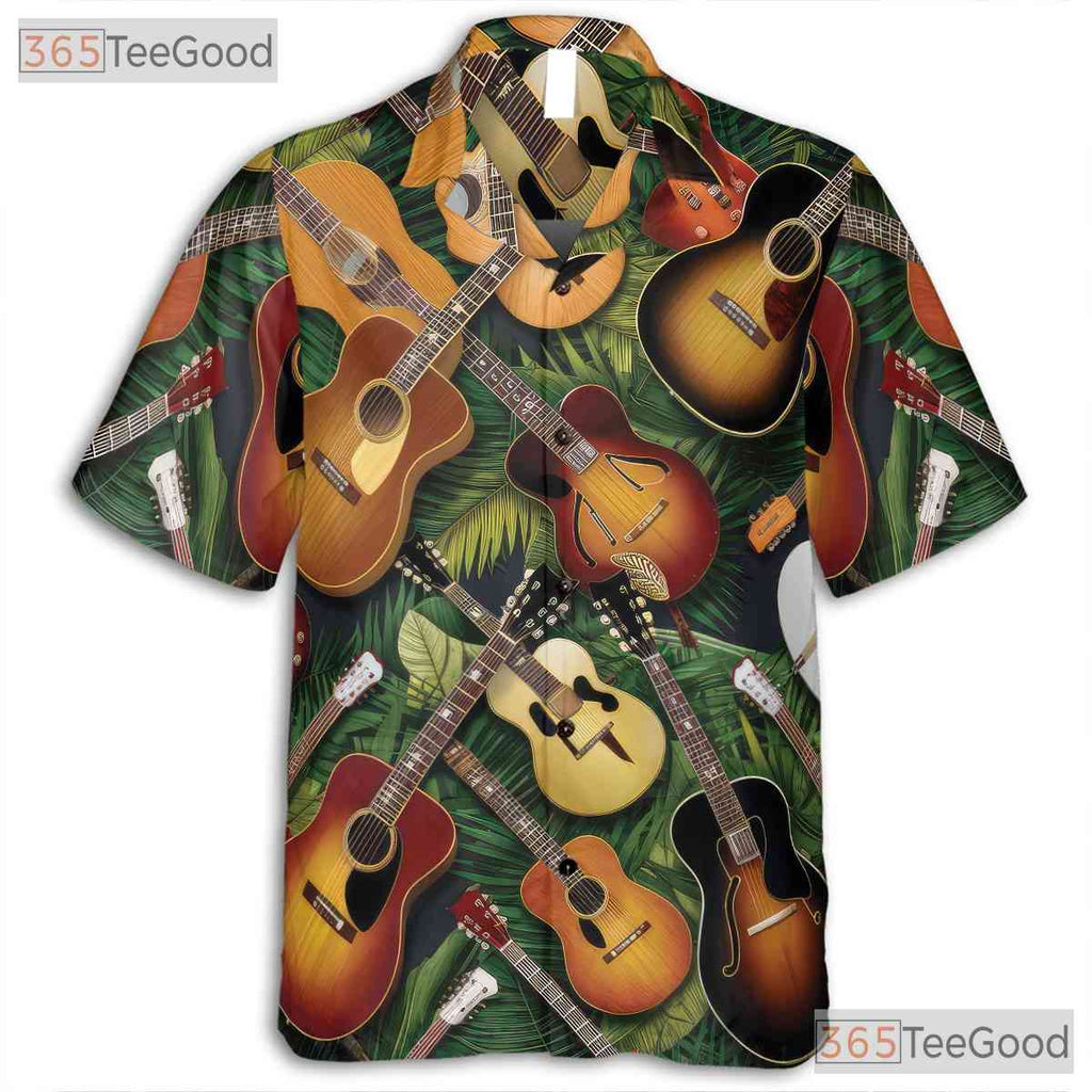 Acoustic Electric Guitar Palm Leaves Tropical Music Hawaiian Tee Unisex Top
