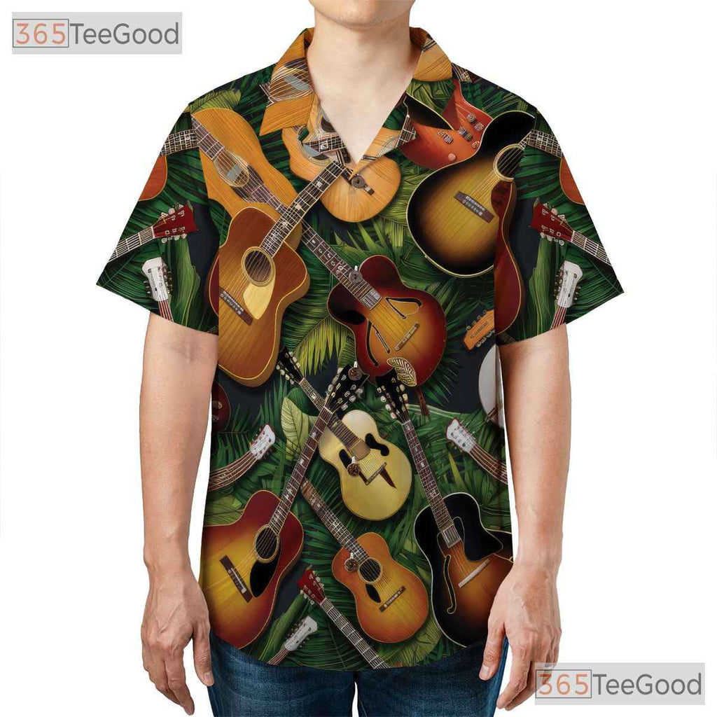 Acoustic Electric Guitar Palm Leaves Tropical Music Hawaiian Tee Unisex Top