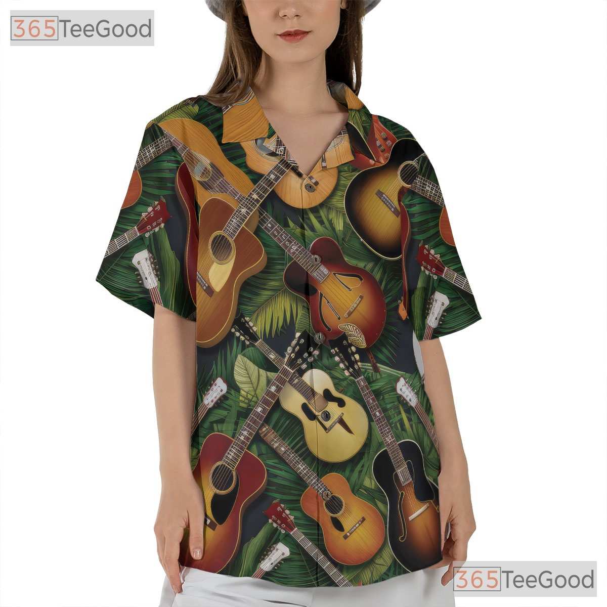Acoustic Electric Guitar Palm Leaves Tropical Music Hawaiian Tee Unisex Top
