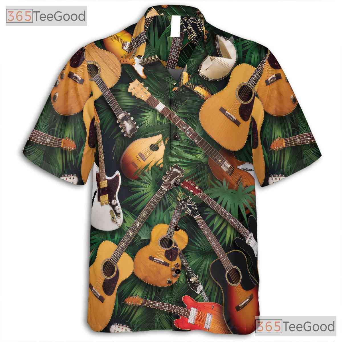Acoustic Electric Guitar Tropical Palm Leaves Music Hawaiian Shirt Unisex