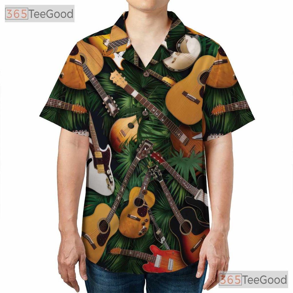 Acoustic Electric Guitar Tropical Palm Leaves Music Hawaiian Shirt Unisex