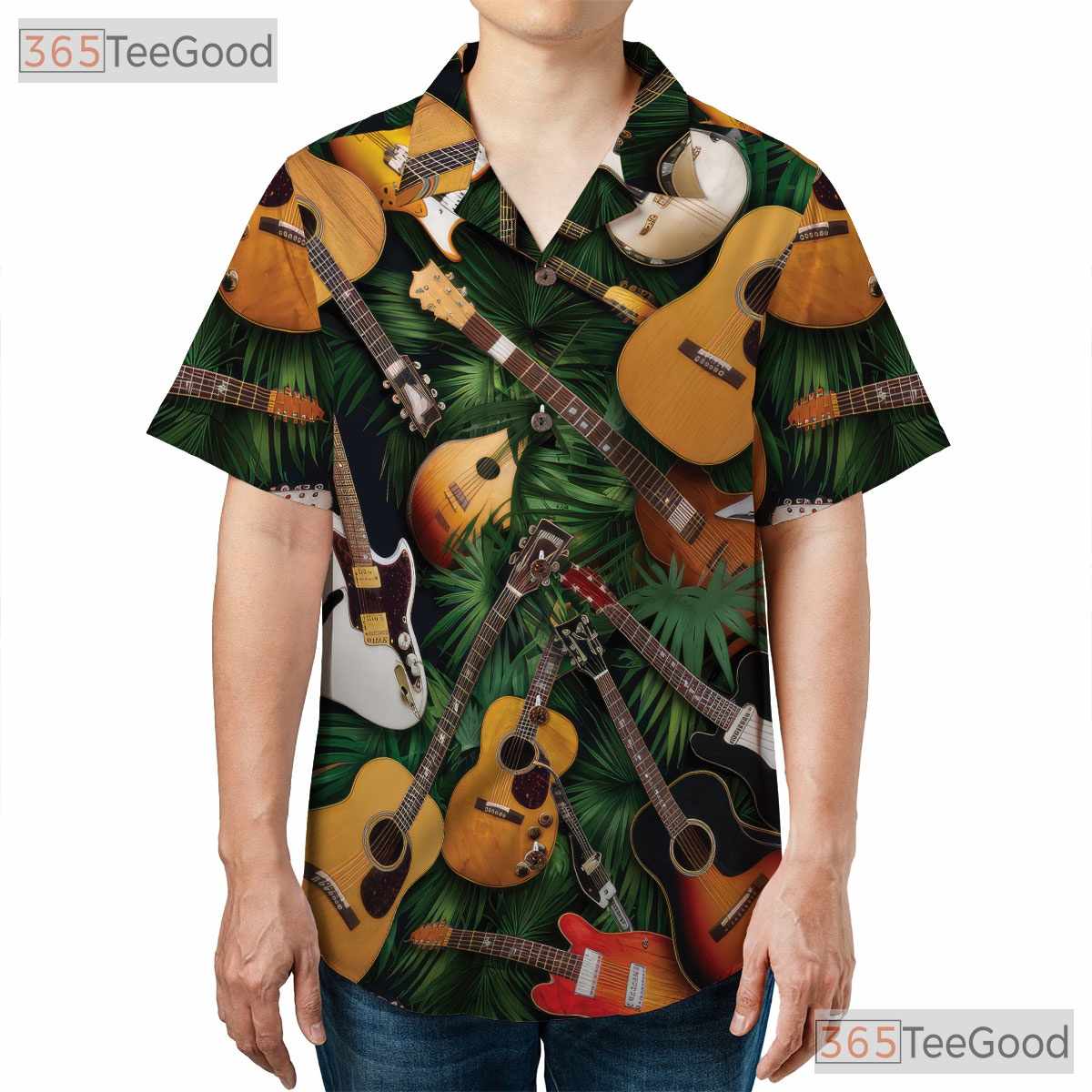 Acoustic Electric Guitar Tropical Palm Leaves Music Hawaiian Shirt Unisex