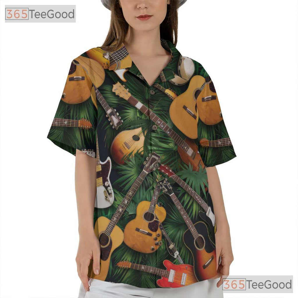 Acoustic Electric Guitar Tropical Palm Leaves Music Hawaiian Shirt Unisex