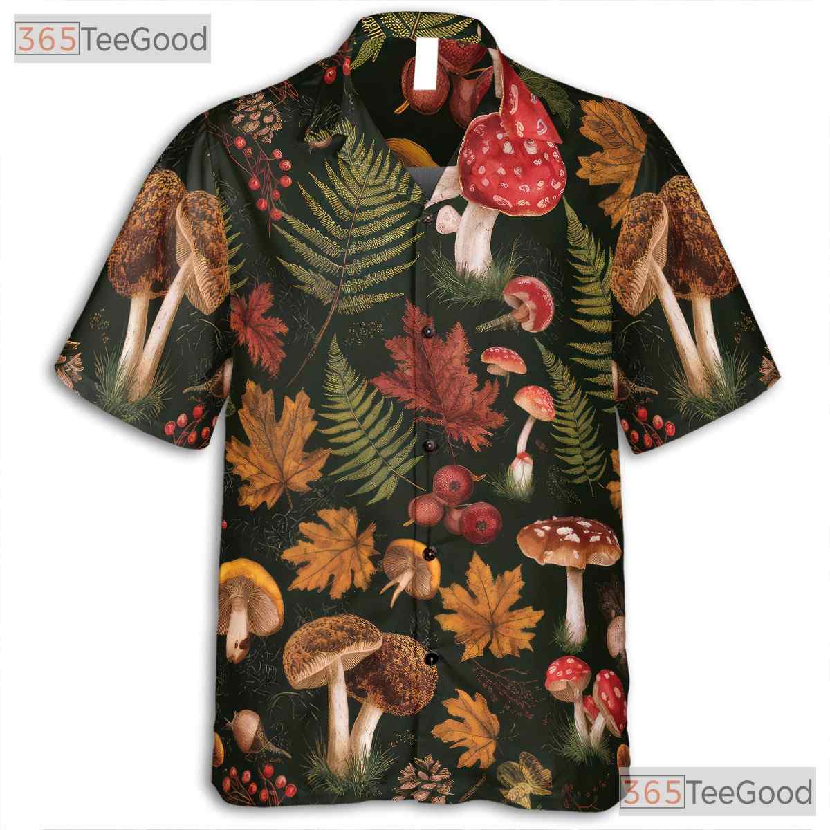 Adult Botanical Mushroom Hawaiian Tee - Fungi Fern Forest Tropical Shirt