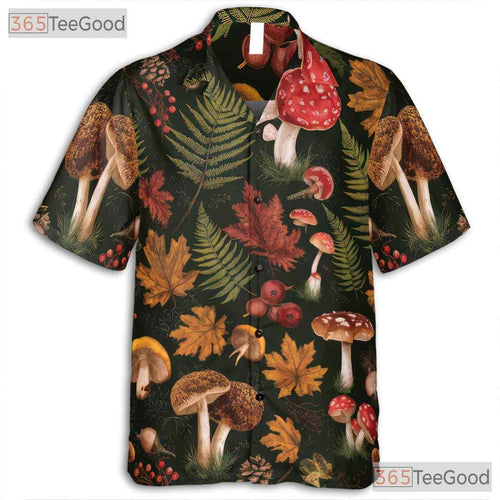 Adult Botanical Mushroom Hawaiian Tee - Fungi Fern Forest Tropical Shirt